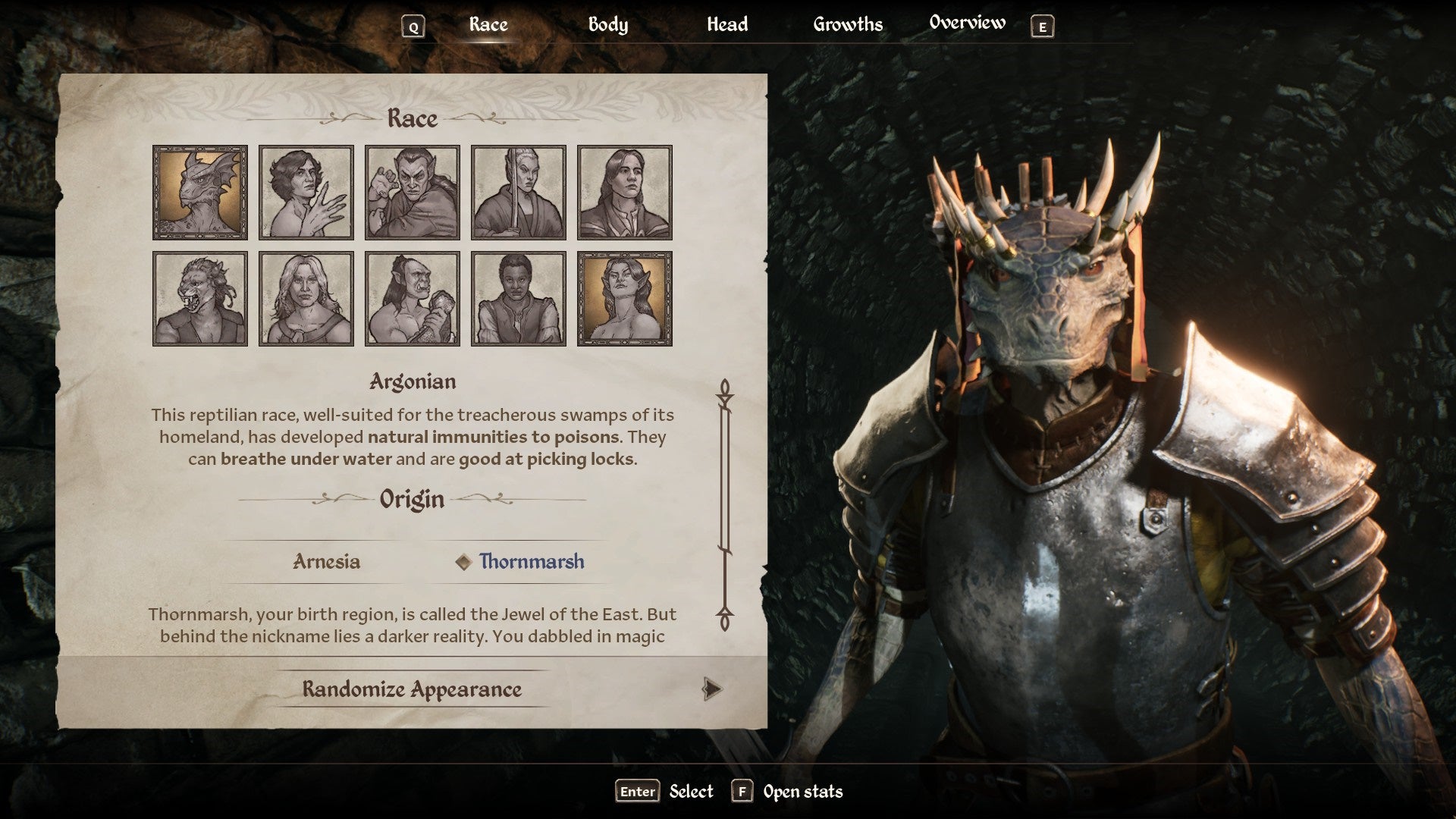 The Argonian Race from the character creation menu in Oblivion Remastered.