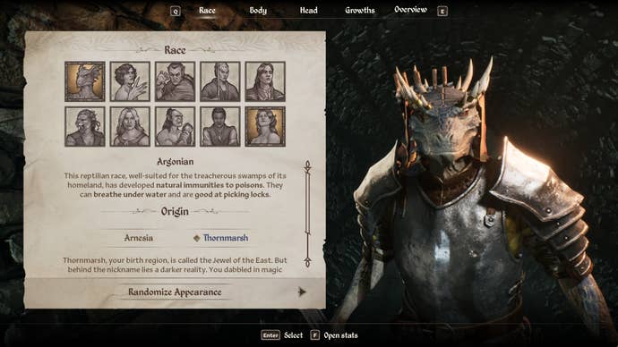 The Argonian Race from the character creation menu in Oblivion Remastered.