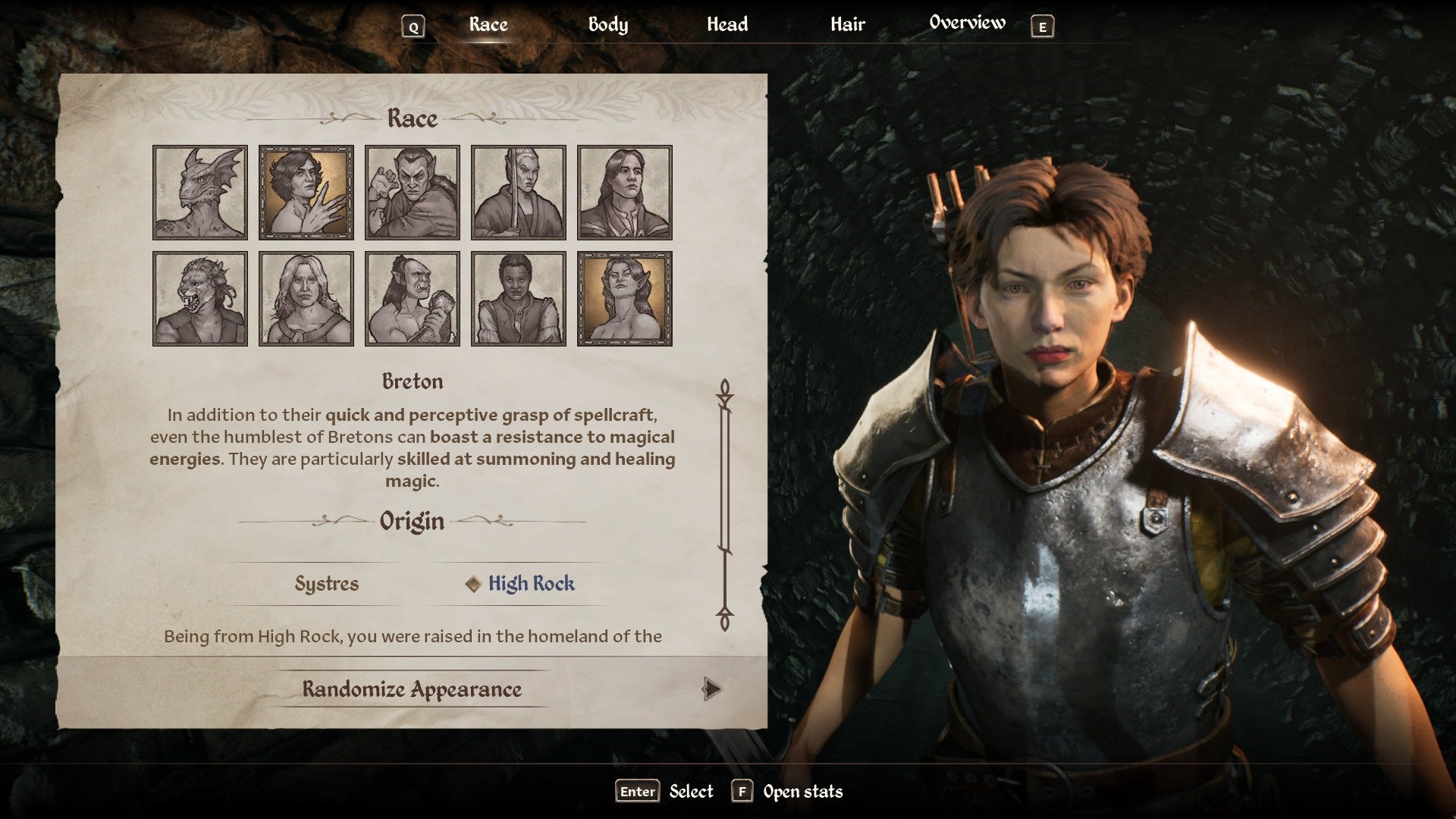 The Breton Race from the character creation menu in Oblivion Remastered.