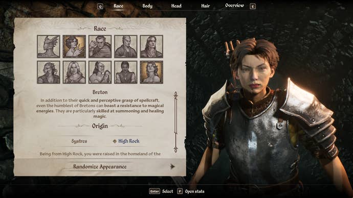 The Breton Race from the character creation menu in Oblivion Remastered.