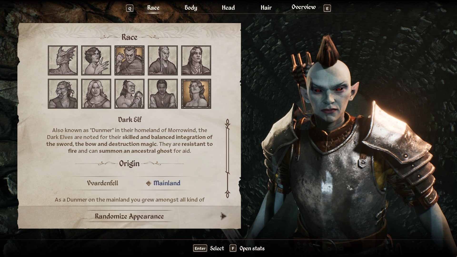 The Dark Elf Race from the character creation menu in Oblivion Remastered.