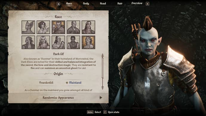 The Dark Elf Race from the character creation menu in Oblivion Remastered.