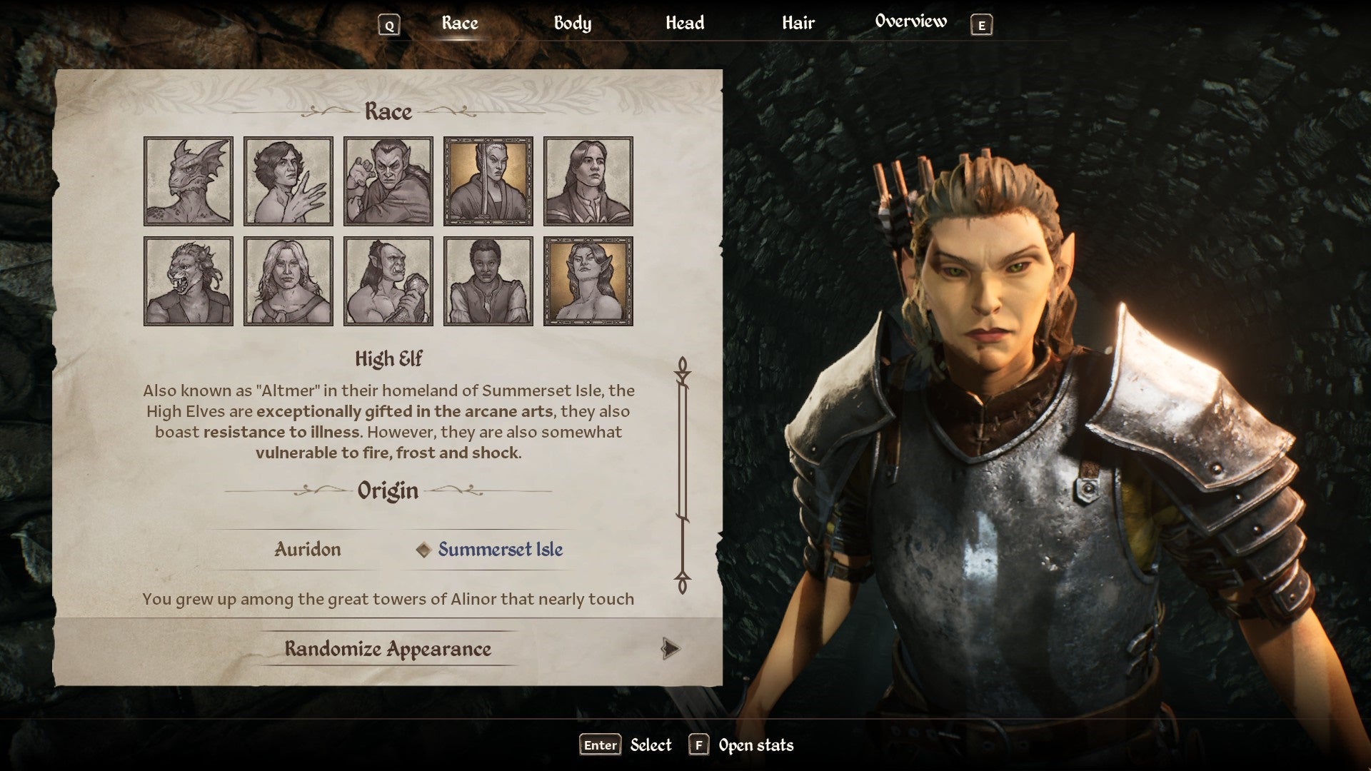 The High Elf Race from the character creation menu in Oblivion Remastered.