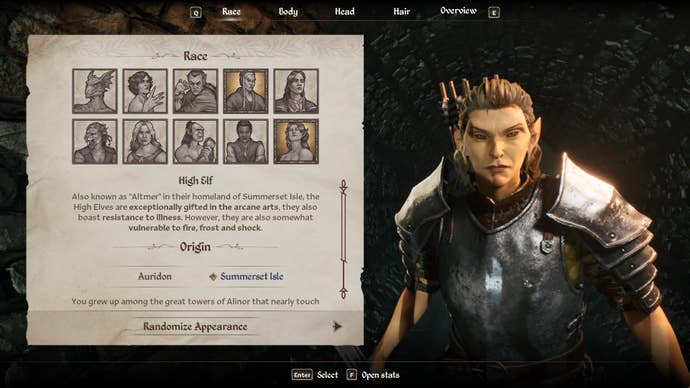 The High Elf Race from the character creation menu in Oblivion Remastered.