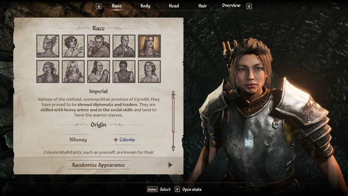 The Imperial Race from the character creation menu in Oblivion Remastered.