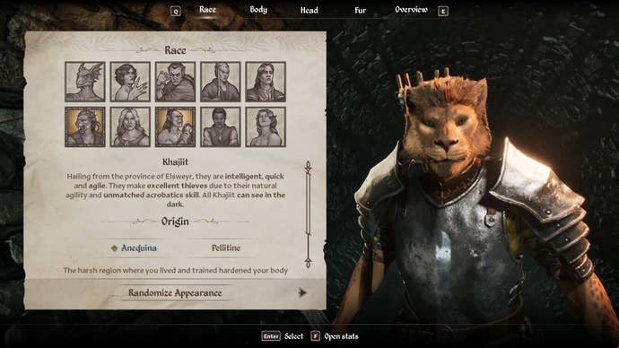 The Khahiit Race from the character creation menu in Oblivion Remastered.