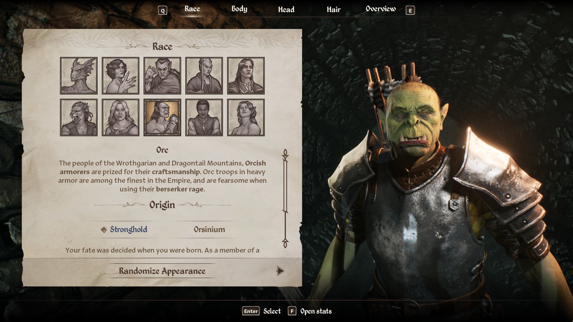 The Orc Race from the character creation menu in Oblivion Remastered.