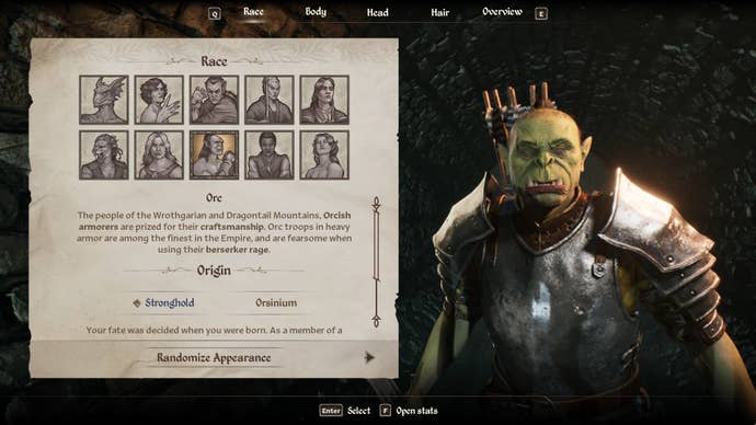 The Orc Race from the character creation menu in Oblivion Remastered.