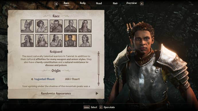 The Redguard Race from the character creation menu in Oblivion Remastered.