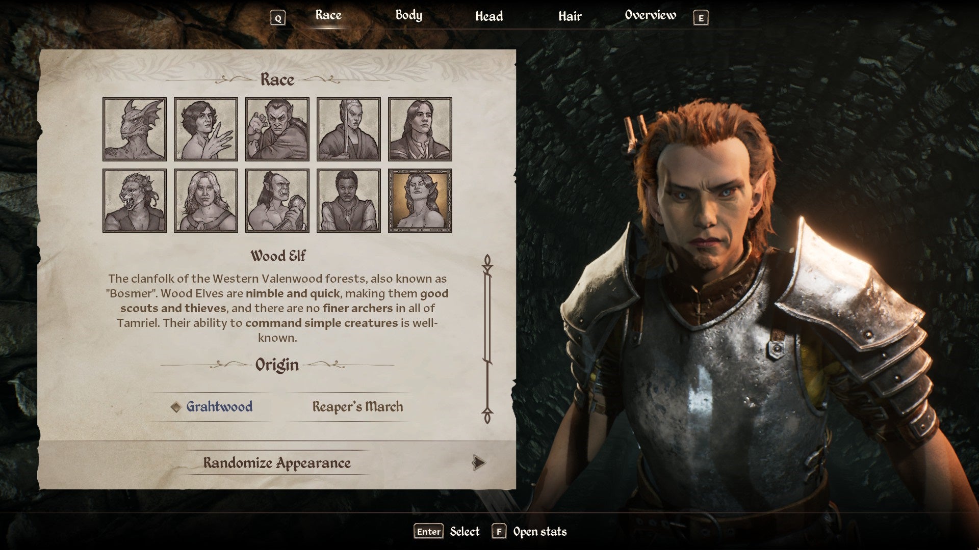 The Wood Elf Race from the character creation menu in Oblivion Remastered.