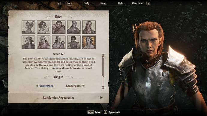 The Wood Elf Race from the character creation menu in Oblivion Remastered.