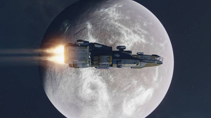 photo mode of the razorlight ship in space with a grey and white planet taking up most of the background