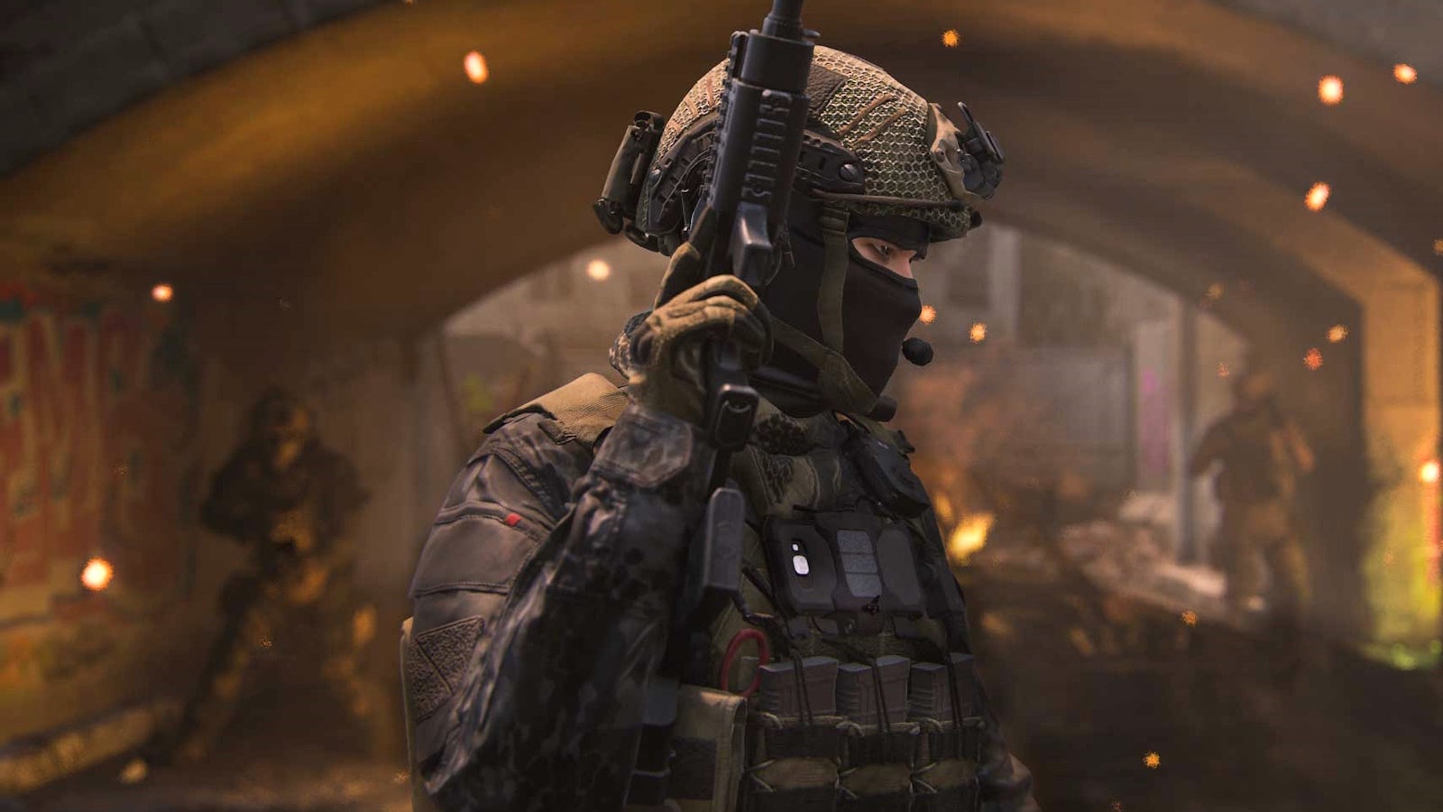a soldier in combat uniform in a tunnel raising a gun while posing side-on with sparks of firing surrounding him and two more soldiers in the background