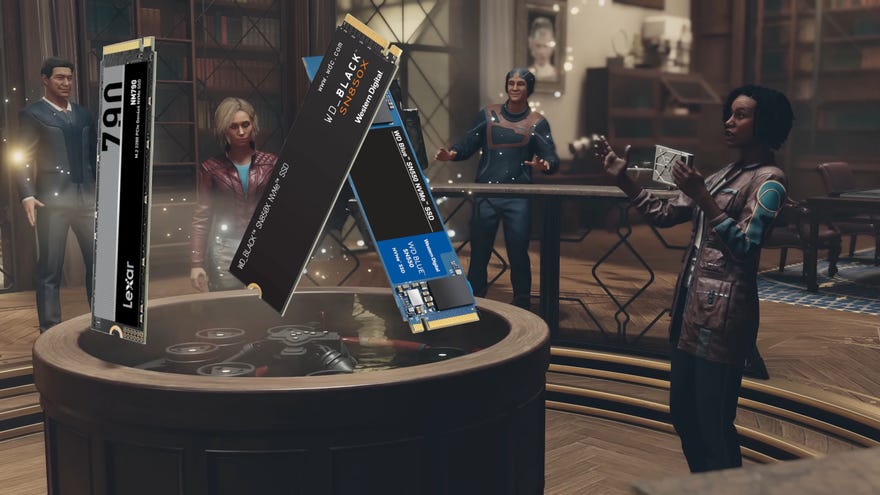 Starfield characters look on in wonder at some dubiously edited-in SSDs from our world.