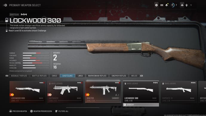 menu view of the lockwood 300 shotgun and its stats