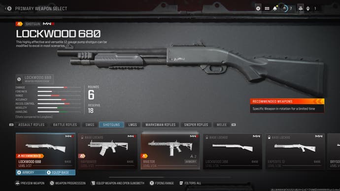menu view of the lockwood 680 shotgun and its stats