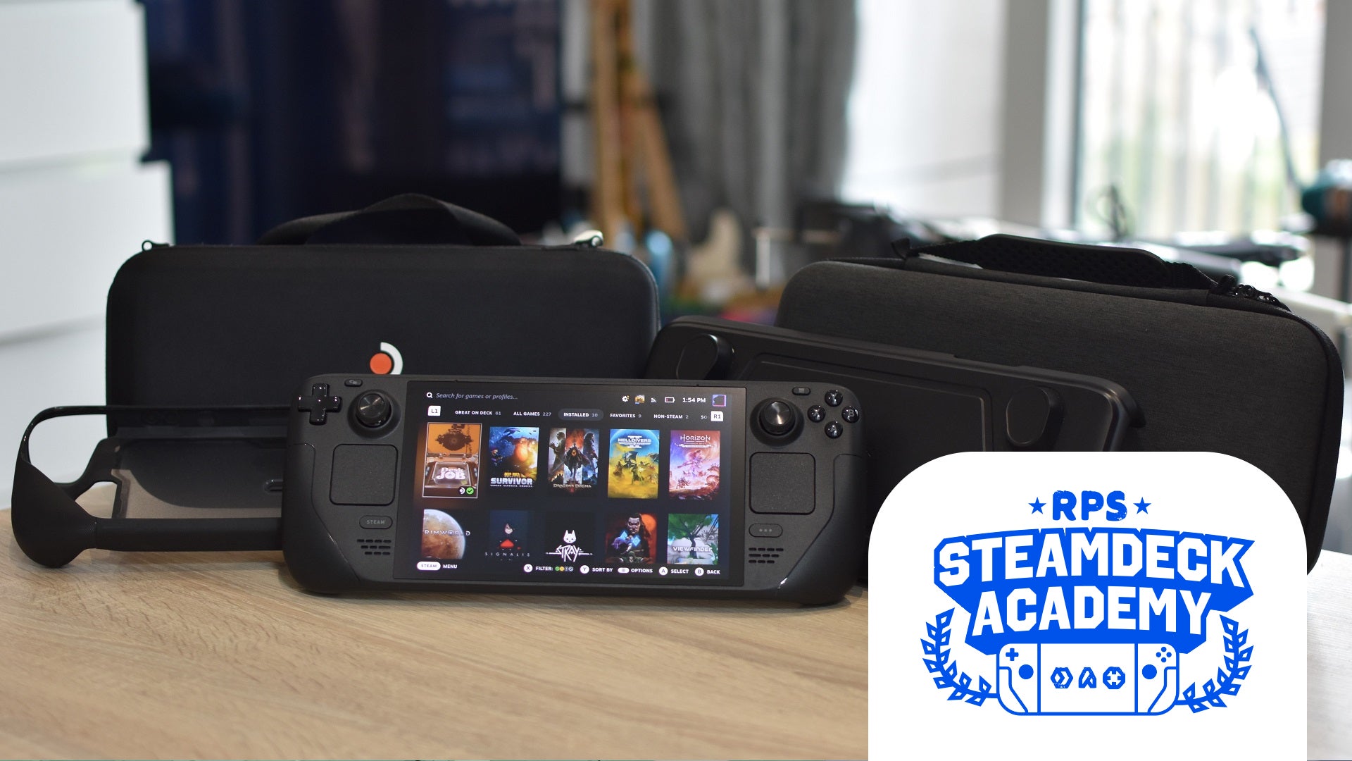 The best Steam Deck cases, surrounding a Steam Deck, on a table. The RPS Steam Deck Academy logo is added in the bottom-right corner. - 1
