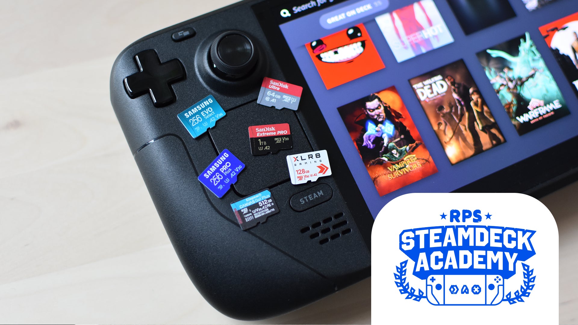 The best Steam Deck microSD cards, on top of a Steam Deck. The RPS Steam Deck Academy logo is added in the bottom right corner. - 1