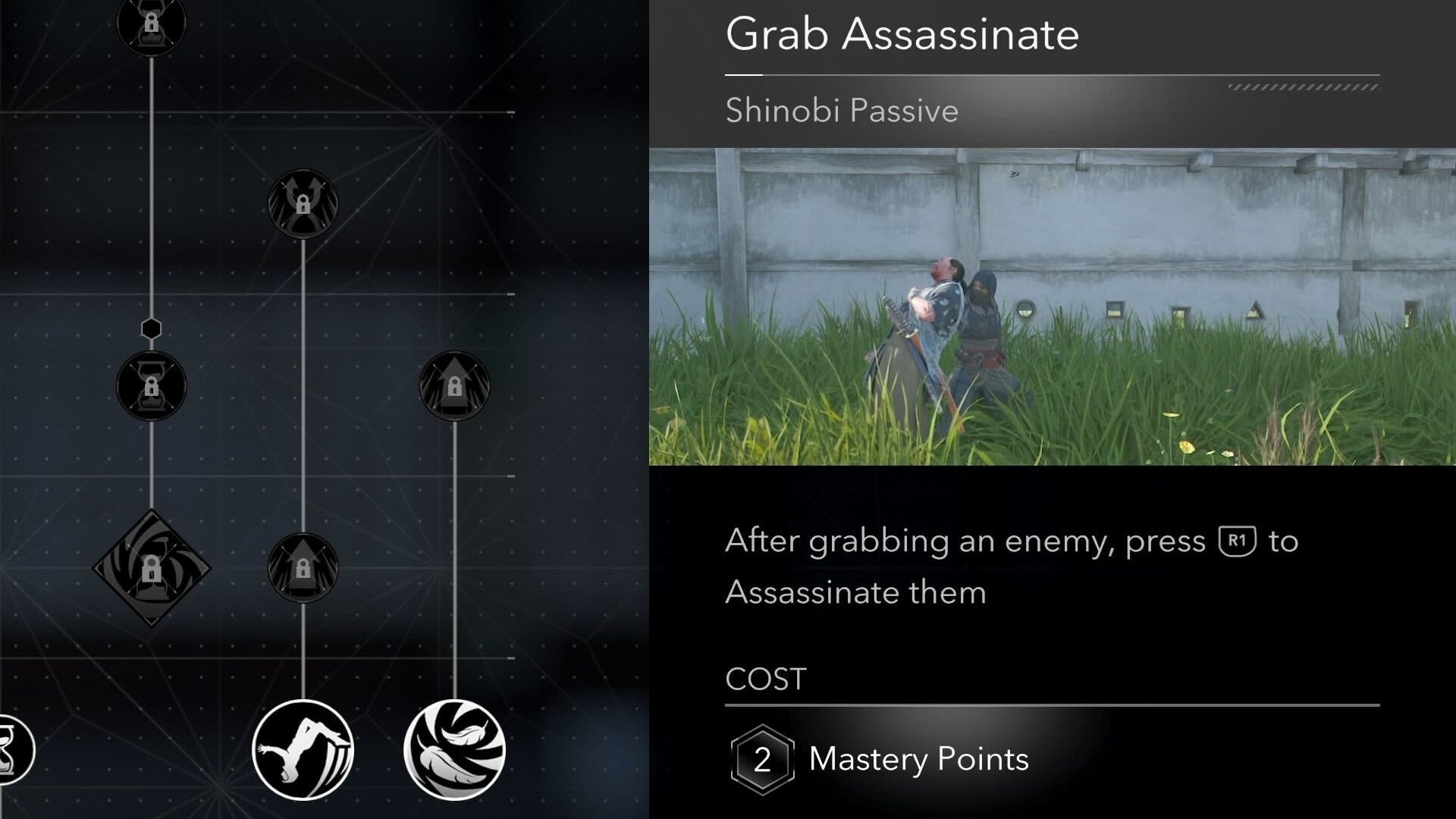 The Grab Assassinate Skill description in Assassin&rsquo;s Creed Shadows.