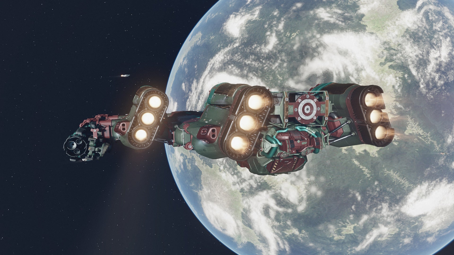 photo mode view of a dull green and marron ship with its engines glowing and the new atlantis planet taking up half the background to the right