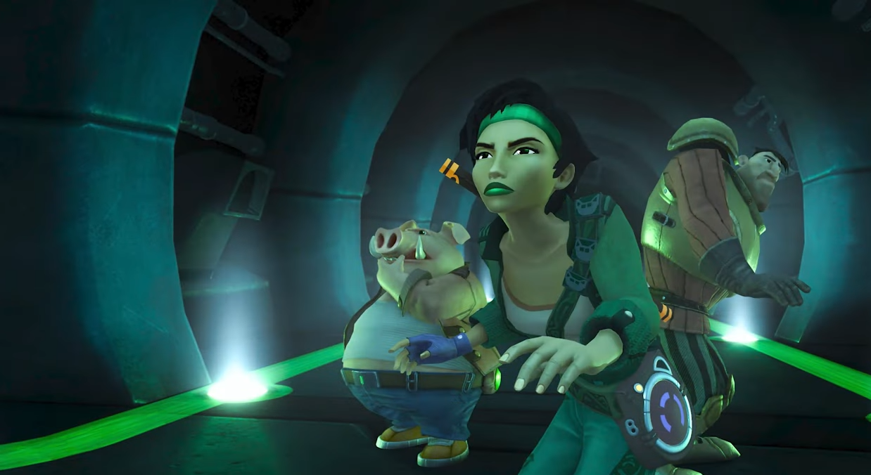 Beyond Good and Evil artwork showing main characters Jade, Pey&rsquo;J and Triple H sneaking through an alien tunnel.