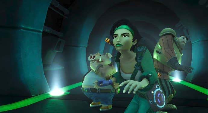 Beyond Good and Evil artwork showing main characters Jade, Pey’J and Triple H sneaking through an alien tunnel.