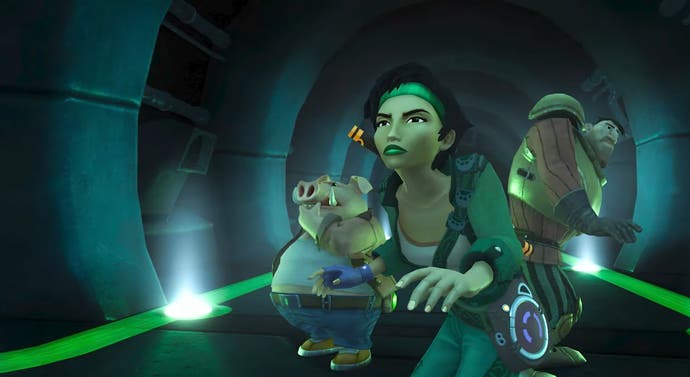 Beyond Good and Evil artwork showing main characters Jade, Pey'J and Triple H sneaking through an alien tunnel.