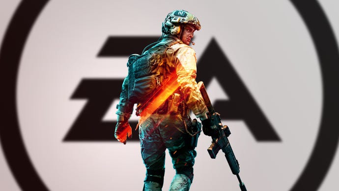 A soldier looks backwards as he wanders, lost, into a big EA symbol.