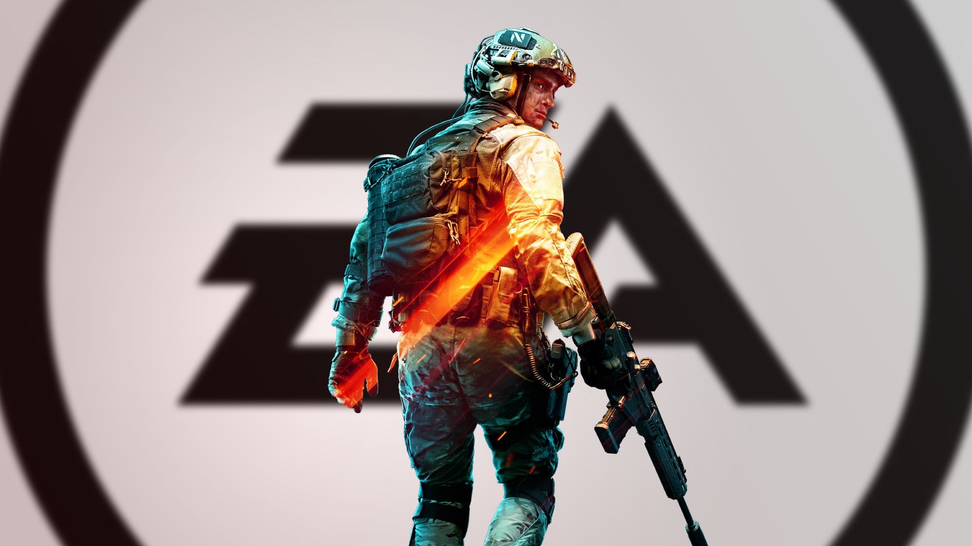A soldier looks backwards as he wanders, lost, into a big EA symbol. - 1