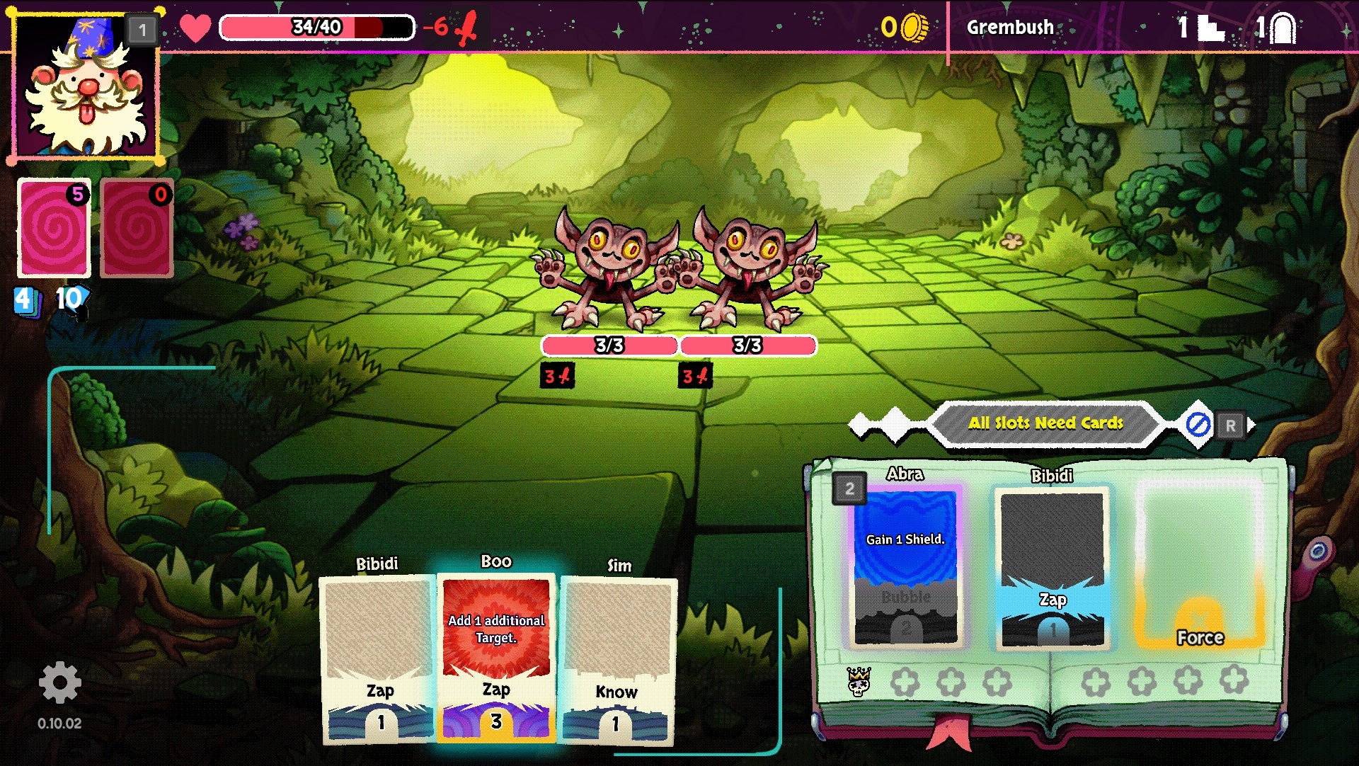 Bibidi Bibidi screenshot showing you choosing cards to play against two cartoon enemies