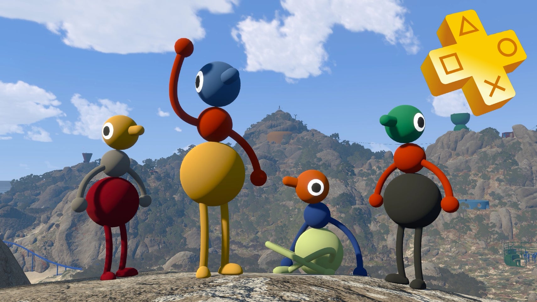Big Walk image showing round little figures standing on a rocky pass with a PS Plus logo in the upper right corner