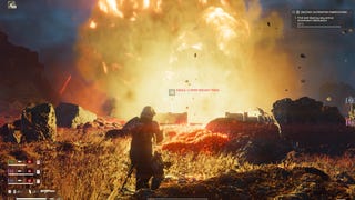 Helldivers 2 screenshot showing The player-character stands facing a large fireball from an Eagle Rocket Pod drop.