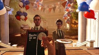 The Lutece Twins (Robert and Rosalind) stand on a festively decorated city street filled with red, white, and blue balloons and flags. Robert wears a sandwich board with the word "HEADS" written atop a visible column and several bar-and-gate tallies underneath; Rosalind holds an empty plate. In the foreground, Booker's hand in first person holds a coin with an image of a sword and shield on it.