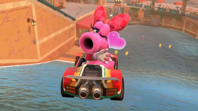 Birdo sopra um beijo no mundo de Mario Kart