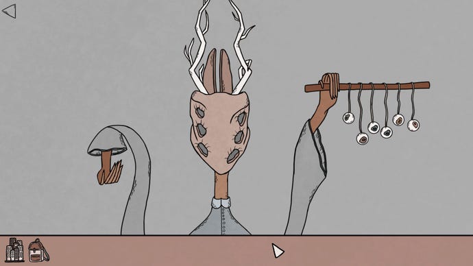 A strange horned being in Birth holds up a stick with eyeballs hanging off it.