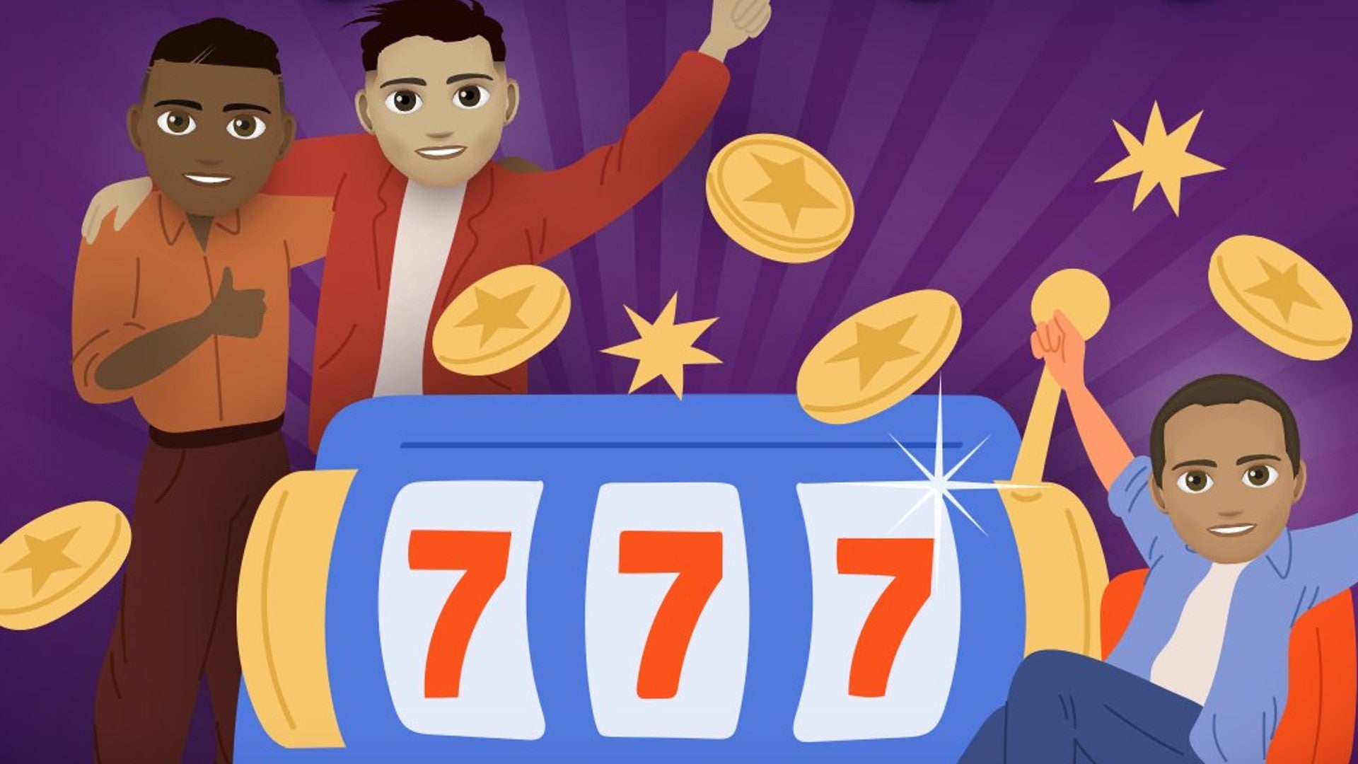 Three characters can be seen surrounding a slot machine and multiple coins in Bitlife artwork