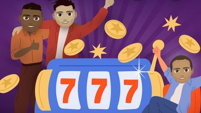 Three characters can be seen surrounding a slot machine and multiple coins in Bitlife artwork
