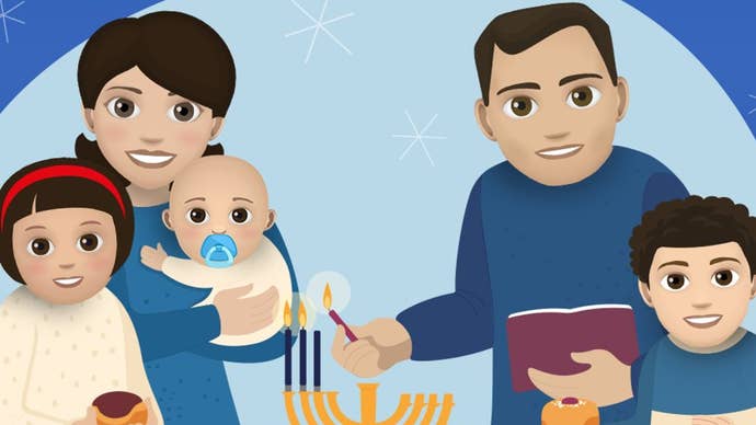 A family of five is shown celebrating Hannukah in Bitlife artwork