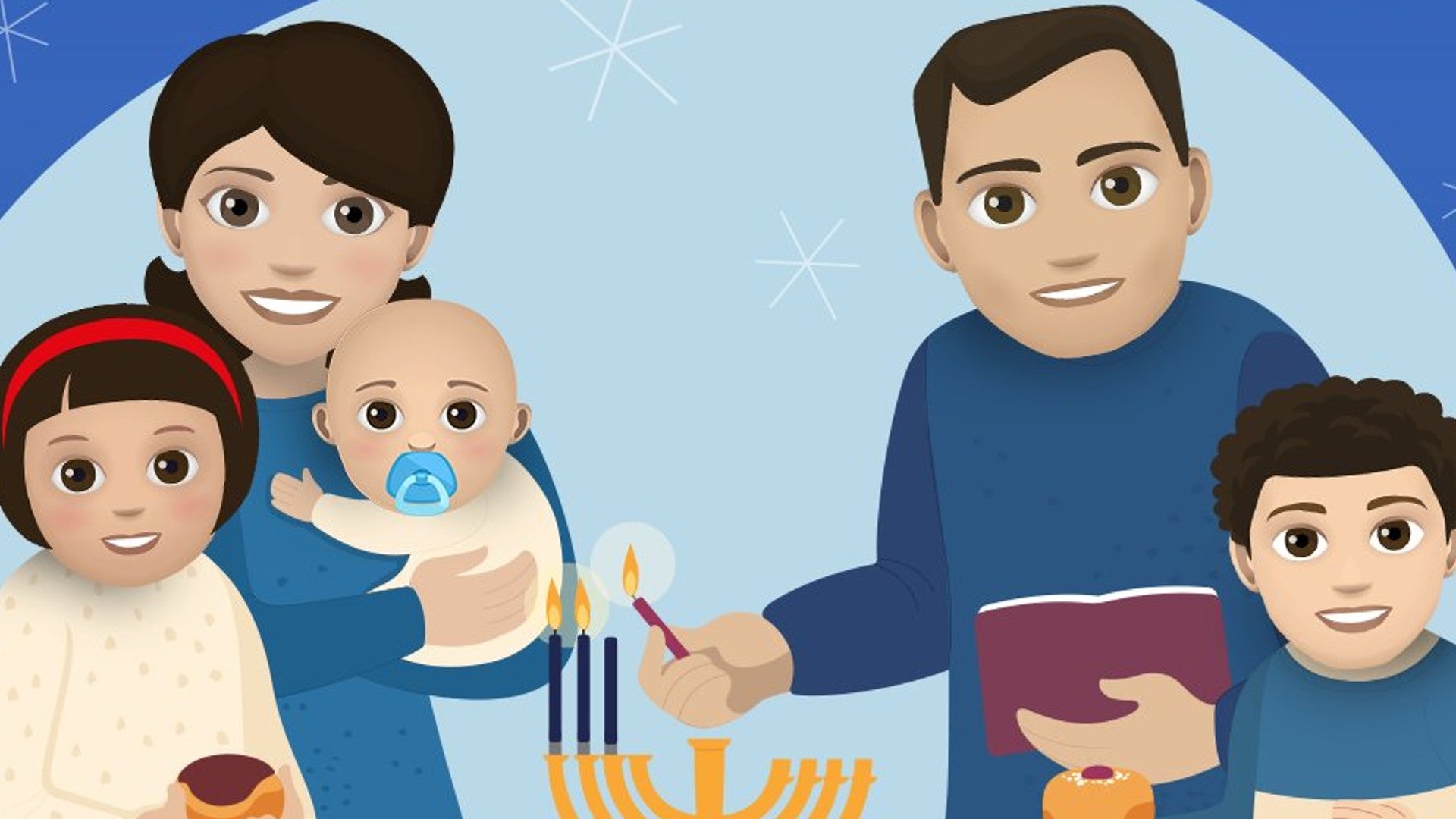 A family of five is shown celebrating Hannukah in Bitlife artwork - 1