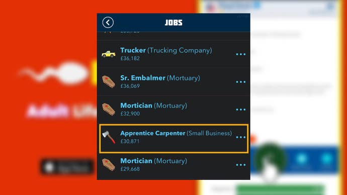 The player looks at applying for the Apprentice Carpenter job role in Bitlife