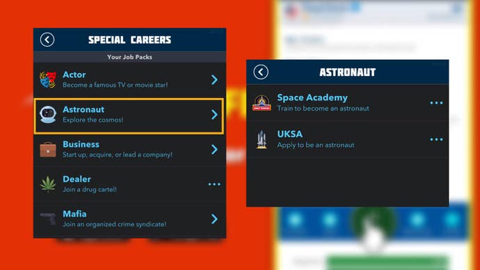 The astronaut career is shown in Bitlife, which consists of attending space academy and joining the local space program