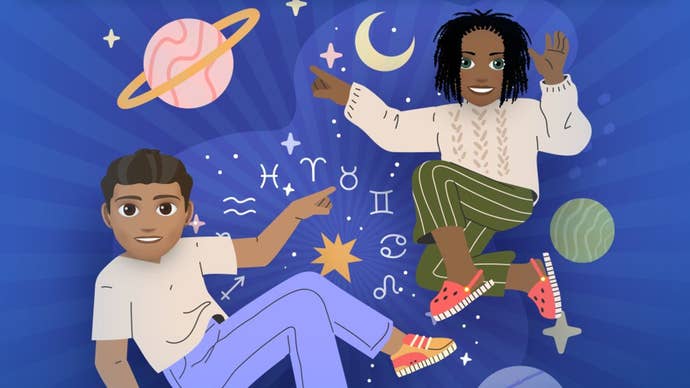 Two characters can be seen amidst astrological signs and planets in Bitlife artwork