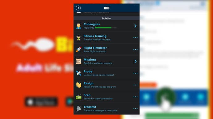 The player looks at the various job exclusive activities that astronauts can take part in in Bitlife