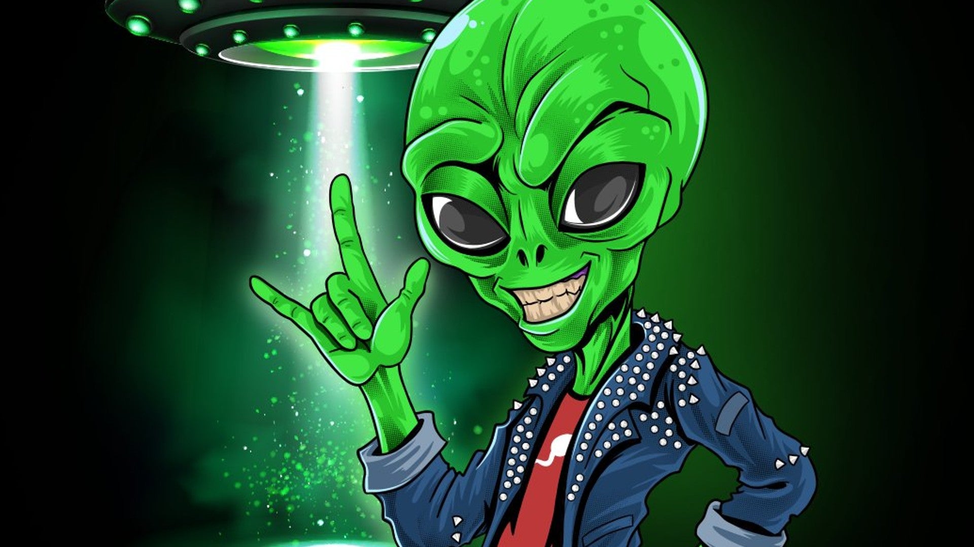 An alien in a denim jacket can be seen with a UFO behind them in Bitlife artwork