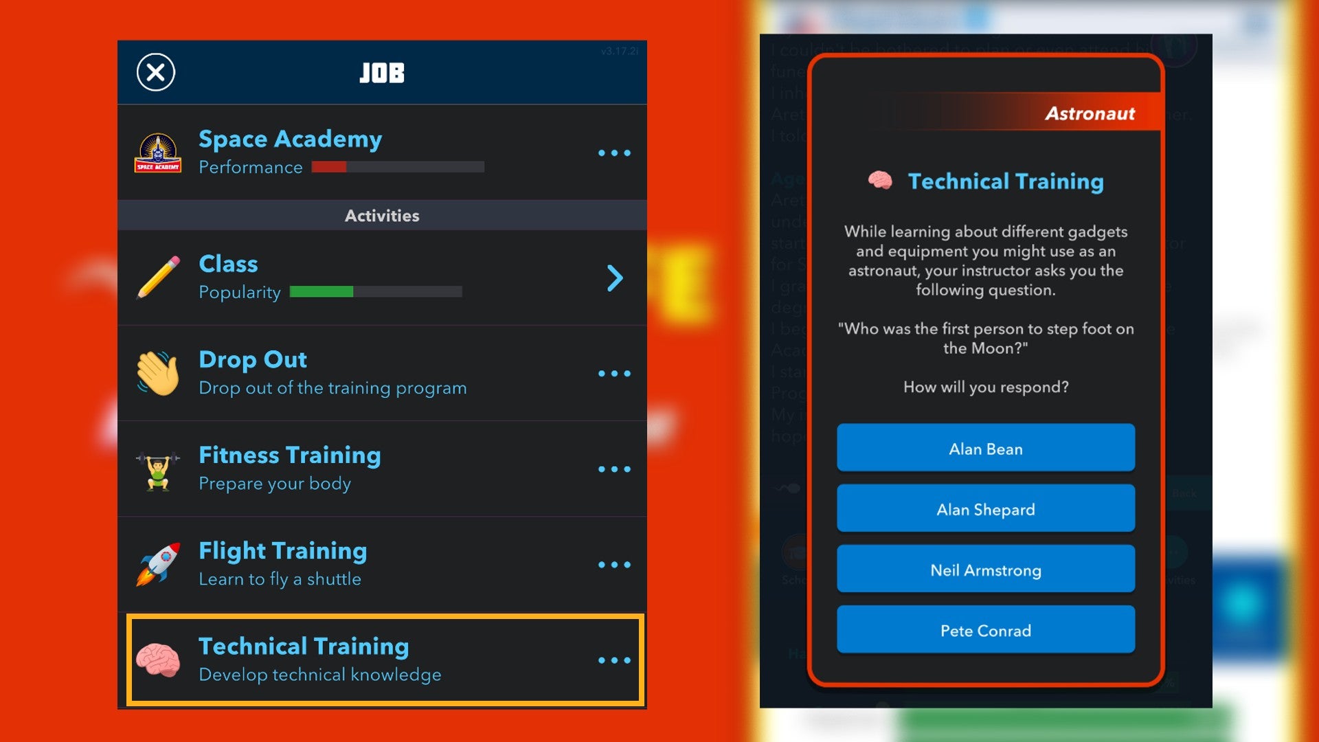 The player takes part in Technical Training at a Space Academy in Bitlife - 3