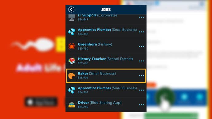 The ‘Baker’ job is labelled in the list of available jobs in Bitlife