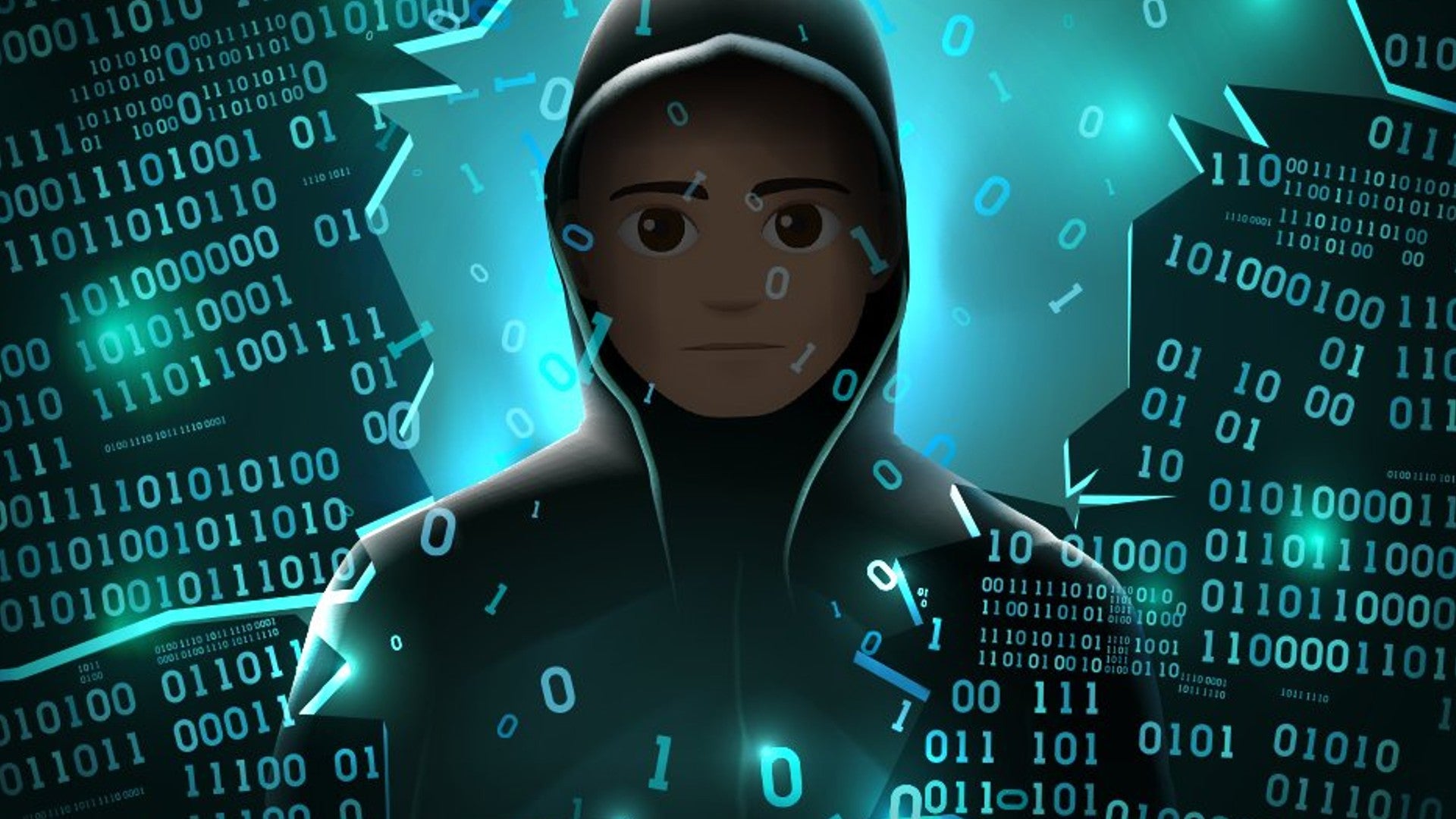 A hooded character can be seen amongst binary code in Bitlife artwork