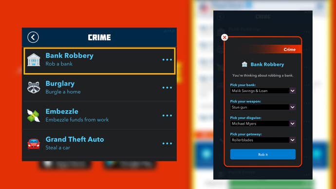 The option to rob a bank, and the options for how to rob that bank, are shown in Bitlife