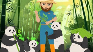 A character can be seen stood among a group of pandas in Bitlife artwork