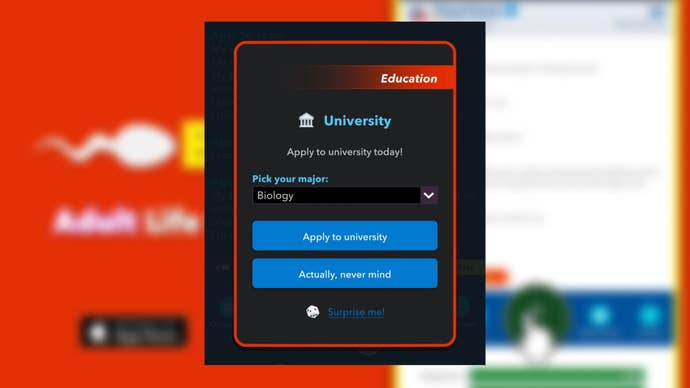 The player applies to study Biology at university in Bitlife